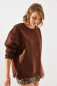 Bisiklet Yaka Şardonlu Fermuar Detaylı Basic Sweatshirt 60251796 - Kahverengi SWEATSHİRT modelleri