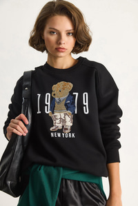 Bisiklet Yaka Teddy Nakış Detaylı Sweat 60284066 - Siyah SWEATSHİRT modelleri