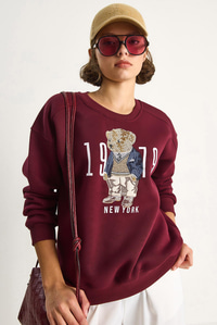 Bisiklet Yaka Teddy Nakış Detaylı Sweat 60284066 - Bordo SWEATSHİRT modelleri