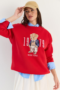 Bisiklet Yaka Teddy Nakış Detaylı Sweat 10417 60284066 - Kırmızı SWEATSHİRT modelleri