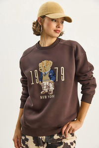Bisiklet Yaka Teddy Nakış Detaylı Sweat 10417 60284066 - Kahverengi SWEATSHİRT modelleri