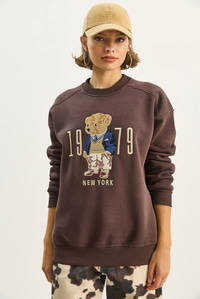 Bisiklet Yaka Teddy Nakış Detaylı Sweat 10417 60284066 - Kahverengi SWEATSHİRT modelleri