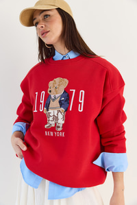 Bisiklet Yaka Teddy Nakış Detaylı Sweat 10417 60284066 - Kırmızı SWEATSHİRT modelleri