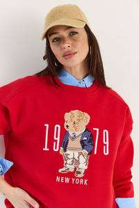 Bisiklet Yaka Teddy Nakış Detaylı Sweat 10417 60284066 - Kırmızı SWEATSHİRT modelleri