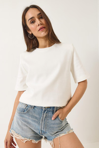 Bisiklet Yaka Vatkalı Pamuklu Basic T-Shirt 241134 60283128 - Beyaz