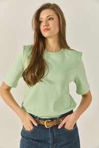 Bisiklet Yaka Vatkalı Pamuklu Basic T-Shirt 241134 60283128 - Su Yeşili