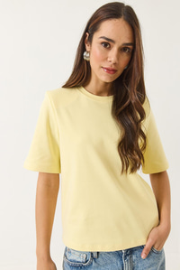 Bisiklet Yaka Vatkalı Pamuklu Basic T-Shirt 241134 60283128 - Tereyağ