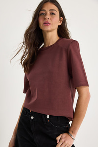 Bisiklet Yaka Vatkalı Pamuklu Basic T-Shirt 241134 60283128 - Koyu Kızıl Kahve
