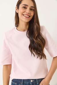 Bisiklet Yaka Vatkalı Pamuklu Basic T-Shirt 241134 60283128 - Açık Pudra