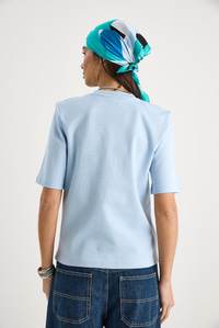 Bisiklet Yaka Vatkalı Pamuklu Basic T-Shirt 241134 60283128 - Bebe Mavisi
