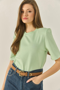 Bisiklet Yaka Vatkalı Pamuklu Basic T-Shirt 241134 60283128 - Su Yeşili