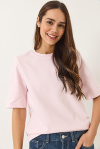 Bisiklet Yaka Vatkalı Pamuklu Basic T-Shirt 241134 60283128 - Açık Pudra