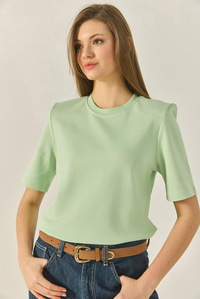 Bisiklet Yaka Vatkalı Pamuklu Basic T-Shirt 241134 60283128 - Su Yeşili
