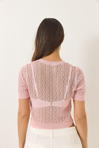Bisiklet Yaka Yadızlı Kısa Kol Ajurlu Örgü Detaylı Crop Bluz 3595 60283093 - Pudra
