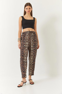 Biye Bağcıklı Leopar Desenli Şalvar Pantolon 3890 60261437 - Kahverengi-Bej