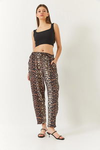 Biye Bağcıklı Leopar Desenli Şalvar Pantolon 3890 60261437 - Kahverengi-Bej