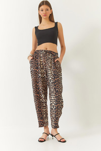 Biye Bağcıklı Leopar Desenli Şalvar Pantolon 3890 60261437 - Kahverengi-Bej