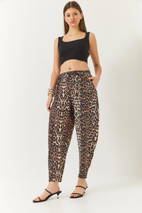 Biye Bağcıklı Leopar Desenli Şalvar Pantolon 3890 60261437 - Kahverengi-Bej