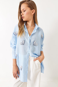 Boncuk Taş Kalp İşlemeli Oversize Şık Gömlek 60283020 - Bebe Mavisi