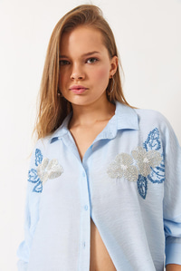 Boncuklu Çiçek İşlemeli Oversize Gömlek 60283021 - Bebe Mavisi