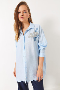 Boncuklu Çiçek İşlemeli Oversize Gömlek 60283021 - Bebe Mavisi