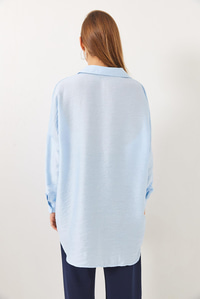 Boncuklu Çiçek İşlemeli Oversize Gömlek 60283021 - Bebe Mavisi
