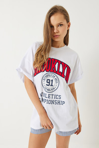 Brooklyn Baskılı Oversize Penye Basic T-shirt 60283083 - Beyaz