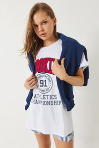 Brooklyn Baskılı Oversize Penye Basic T-shirt 60283083 - Beyaz