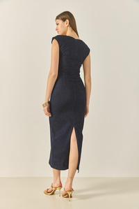 Broş Detaylı Yırtmaçlı Likralı Yazlık Kalem Denim Elbise 8032 60283239 - Lacivert
