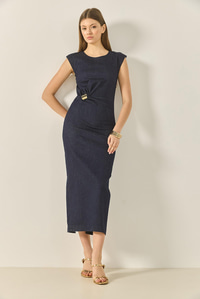 Broş Detaylı Yırtmaçlı Likralı Yazlık Kalem Denim Elbise 8032 60283239 - Lacivert