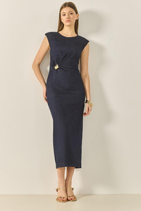 Broş Detaylı Yırtmaçlı Likralı Yazlık Kalem Denim Elbise 8032 60283239 - Lacivert