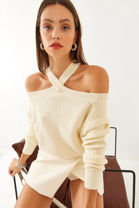 Çapraz Askılı Triko Kazak 85001017 - Krem