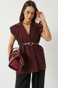 Cep Detaylı Kemerli Vatkalı Oversize Astarlı Blazer Yelek 11143 60281003 - Bordo