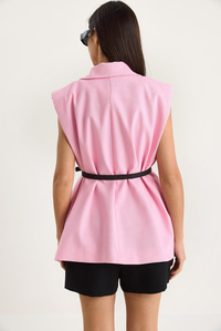 Cep Detaylı Kemerli Vatkalı Oversize Astarlı Blazer Yelek 11143 60281003 - Pembe