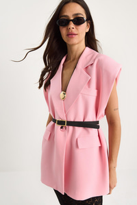 Cep Detaylı Kemerli Vatkalı Oversize Astarlı Blazer Yelek 11143 60281003 - Şeker Pembe