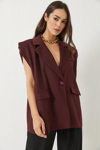 Cep Detaylı Kemerli Vatkalı Oversize Astarlı Blazer Yelek 11143 60281003 - Bordo