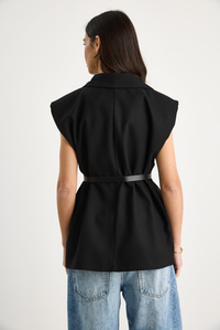 Cep Detaylı Kemerli Vatkalı Oversize Astarlı Blazer Yelek 11143 60281003 - Siyah