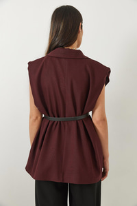 Cep Detaylı Kemerli Vatkalı Oversize Astarlı Blazer Yelek 11143 60281003 - Bordo