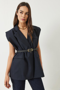 Cep Detaylı Kemerli Vatkalı Oversize Astarlı Blazer Yelek 11143 60281003 - Lacivert