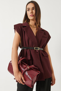Cep Detaylı Kemerli Vatkalı Oversize Astarlı Blazer Yelek 11143 60281003 - Bordo
