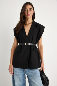 Cep Detaylı Kemerli Vatkalı Oversize Astarlı Blazer Yelek 11143 60281003 - Siyah