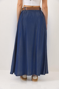 Cep Detaylı Kemerli Yazlık Denim Uzun Kloş Etek 7187 60283143 - Lacivert