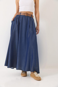Cep Detaylı Kemerli Yazlık Denim Uzun Kloş Etek 7187 60283143 - Lacivert