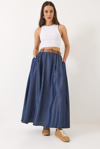 Cep Detaylı Kemerli Yazlık Denim Uzun Kloş Etek 7187 60283143 - Lacivert