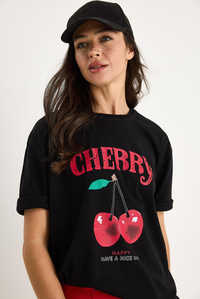 Cherry Baskılı Oversize Basic Pamuklu T-Shirt 04025 60284052 - Siyah