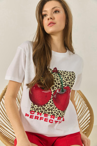 Cherry Leopar Baskılı Taş Detaylı Normal Kalıp T-Shirt 4140 60283299 - Beyaz