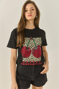 Cherry Leopar Baskılı Taş Detaylı Normal Kalıp T-Shirt 4140 60283299 - Siyah