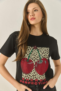 Cherry Leopar Baskılı Taş Detaylı Normal Kalıp T-Shirt 4140 60283299 - Siyah
