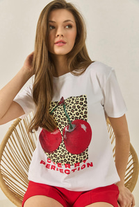 Cherry Leopar Baskılı Taş Detaylı Normal Kalıp T-Shirt 4140 60283299 - Beyaz