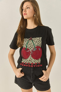 Cherry Leopar Baskılı Taş Detaylı Normal Kalıp T-Shirt 4140 60283299 - Siyah